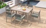 Outdoor Dining Set Patio Dining table and Chairs with Rattan Backrest and Removable Cushions for Patio and Backyard, White Washed