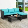 3-Piece Outdoor PE Rattan Furniture Set Patio Black Wicker Conversation Loveseat Sofa Sectional Couch Turquoise Cushion