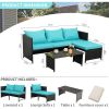 3-Piece Outdoor PE Rattan Furniture Set Patio Black Wicker Conversation Loveseat Sofa Sectional Couch Turquoise Cushion
