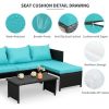3-Piece Outdoor PE Rattan Furniture Set Patio Black Wicker Conversation Loveseat Sofa Sectional Couch Turquoise Cushion