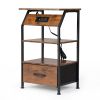 Rustic Nightstand, Bedside Table with Drawer and Shelves, USB Ports and Outlets, Remote Control, LED Lights, End Table for Bedroom Living Room, Office