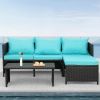 3-Piece Outdoor PE Rattan Furniture Set Patio Black Wicker Conversation Loveseat Sofa Sectional Couch Turquoise Cushion