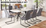 1 table and 8 chairs set.A rectangular dining table with a 0.39-inch imitation marble tabletop and black metal legs.Paired with 8 chairs with PU leath