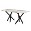 1 table and 8 chairs set.A rectangular dining table with a 0.39-inch imitation marble tabletop and black metal legs.Paired with 8 chairs with PU leath