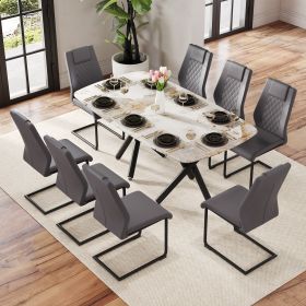 1 table and 8 chairs set.A rectangular dining table with a 0.39-inch imitation marble tabletop and black metal legs.Paired with 8 chairs with PU leath
