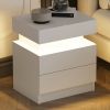Modern White Nightstand with LED Light 2 Drawers Flipping Top Storage Bedroom Furniture bedside table
