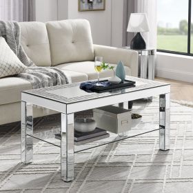 W 40 "X D 20" X H 20 "Curved border carved mirror coffee table: Silver mirror glass tabletop with sparkling diamond edge frame and crystal mirror legs