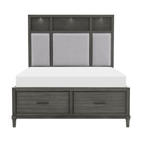 Gray Queen Platform Bed w Storage Drawers Upholstered Headboard USB Ports LED Lights Bedroom Furniture Transitional Style