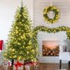 6FT Pre-Lit Aspen Fir Artificial Christmas Tree with Wreath & Garland,Grass Green Xmas Tree with 380 Multi-Color LED Lights, 11 Lighting Modes