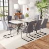 1 table and 8 chairs set.A rectangular dining table with a 0.39-inch imitation marble tabletop and black metal legs.Paired with 8 chairs with PU leath
