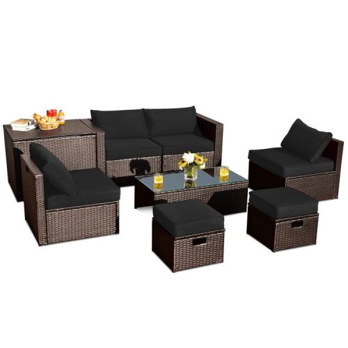 8 Pieces Patio Space-Saving Rattan Furniture Set with Storage Box and Waterproof Cover 8 Pieces Patio Space-Saving Rattan Furniture Set with Storage Box and Waterproof Cover