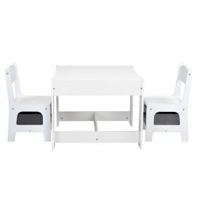 3-in-1 Kids Wood Table and 2 Chairs, Children Activity Table Set with Storage, Blackboard, Double-Sided Table for Drawing (Color: white+gray)