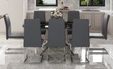 Table and chair set, large modern minimalist rectangular dining table, 0.39-inch black imitation marble tabletop and silver metal legs