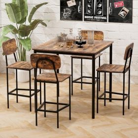 Bar table, counter height dining table set of 4, retro dining table and 4 bar chairs, space saving (black oak) bar table (Color: Rustic Brown)