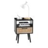 15.75" Rattan End table with Power Outlet & USB Ports , Modern nightstand with drawer and solid wood legs, side table for living roon, bedroom