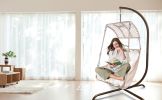 Swing Egg Chair with Stand Indoor Outdoor, UV Resistant Cushion Hanging Chair with Cup Holder