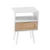 15.75" Rattan End table with Power Outlet & USB Ports , Modern nightstand with drawer and solid wood legs, side table for living roon, bedroom